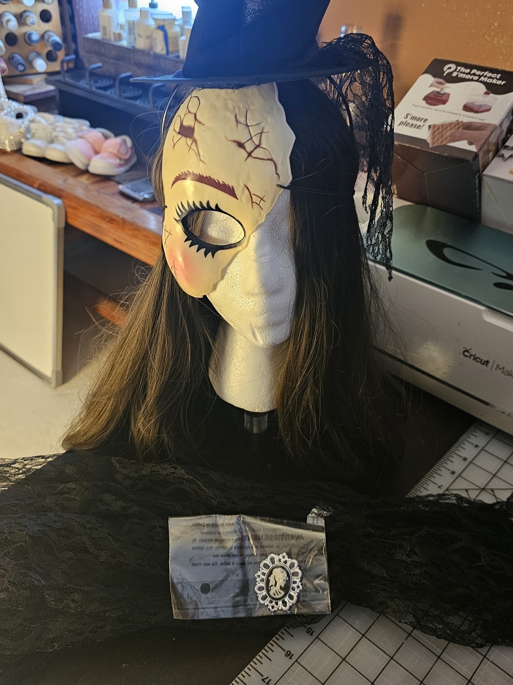 Halloween Half-Face Witch Mask with Black Lace Hat and Brown Wig
